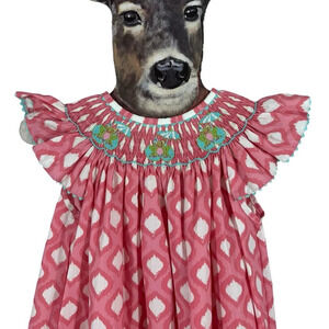 Shrimp & Grits Kids smocked long dress size 8 frogs and umbrellas